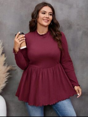 SHEIN curve long sleeve peplum Top - Burgundy